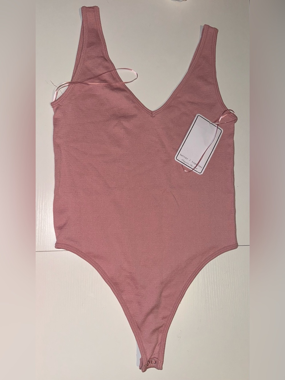 Ribbed V-Neck Bodysuit in Dusty Rose - Unbranded